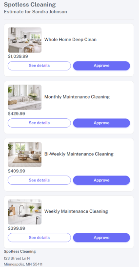 Customer-facing estimate view showing service options, prices, and approval buttons